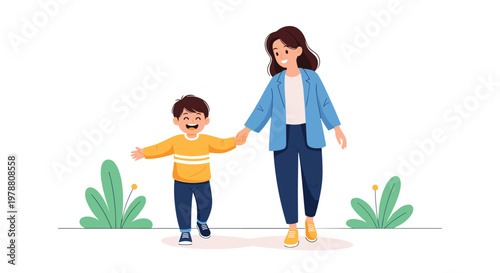 Happy mother holding hands with her young son walking together in park area on white background with green plant accents.