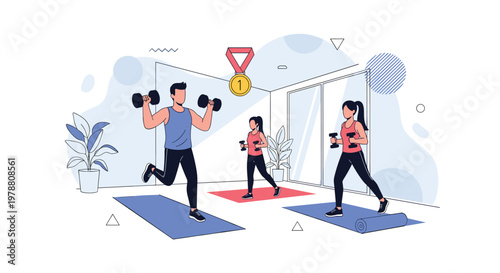 People exercising in gym with dumbbells on mats for fitness training and health improvement with victory medal symbol above.