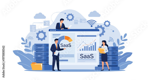 Software as a service concept with professionals working around large screen displaying data analytics cloud and server icons.