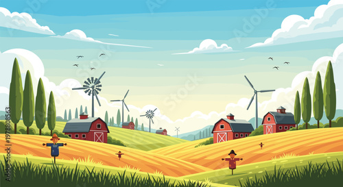 Peaceful farm landscape with red barns windmills scarecrows and golden wheat fields under blue sky with white fluffy clouds.