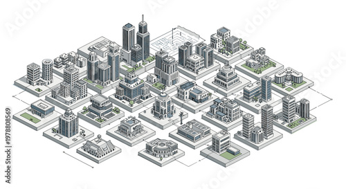 Detailed isometric pixel art of large city with various skyscrapers buildings houses and streets in grey and green colors.