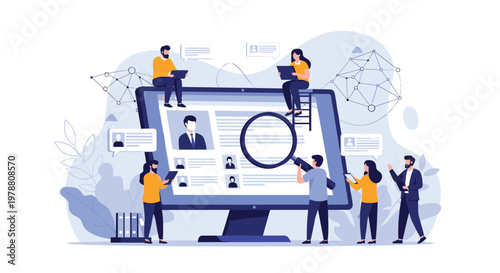 Online recruitment and human resources concept with group of people looking at candidate profiles on large computer screen.