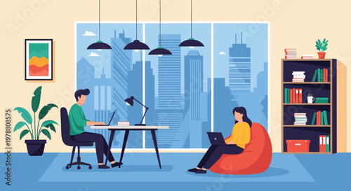 Two professionals working on laptops in modern office lounge area with bean bag chair and large window city view.