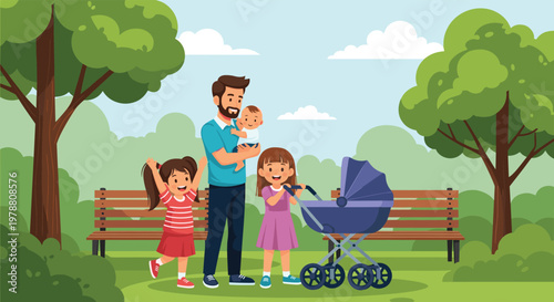 Happy father spending time with his three young children including a baby and two girls in a sunny city park.