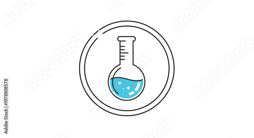Round bottom chemistry flask icon with blue liquid and bubbles inside a double circle frame for science and lab research.