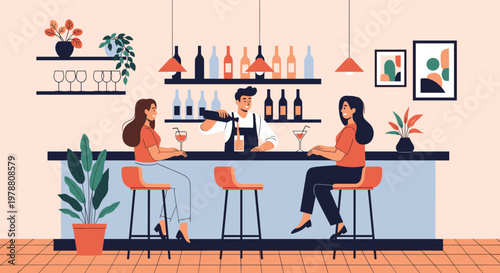 Bartender serving cocktails to two women sitting at the counter in a modern stylish bar with bottles and plants.