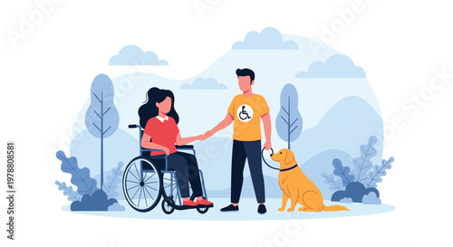 Kind man helping disabled woman in wheelchair in park setting accompanied by a service dog for support and mobility.