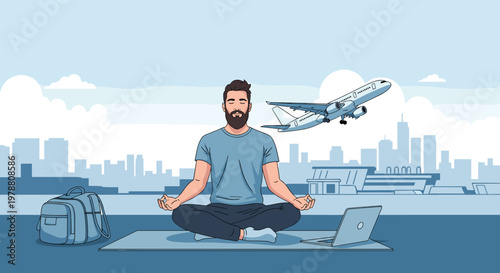 Calm man practicing meditation in a lotus pose on a yoga mat with a city skyline and an airplane flying in the blue sky.