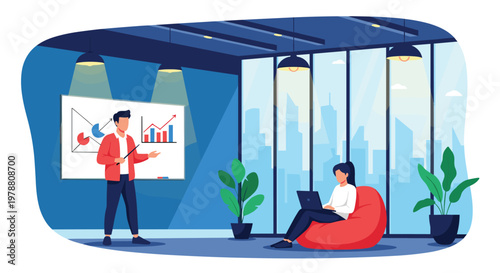 Business presentation in a modern office featuring a man explaining charts and a woman working on a laptop while relaxing on a beanbag.