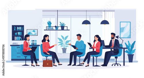 Group of diverse professionals participating in a collaborative meeting or job interview session in a modern office lounge.