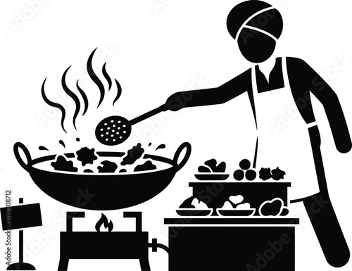 Chef cooking fried food in a wok on a portable stove with dishes Keywords: chef, cooking, frying, food
