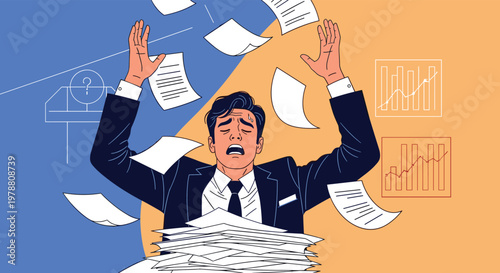 Frustrated businessman feeling overwhelmed and stressed while buried under a massive pile of paperwork and flying documents.