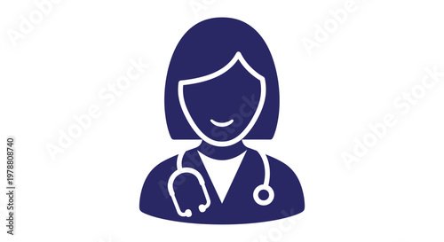 A simple dark blue icon depicts a female doctor or healthcare professional with a stethoscope