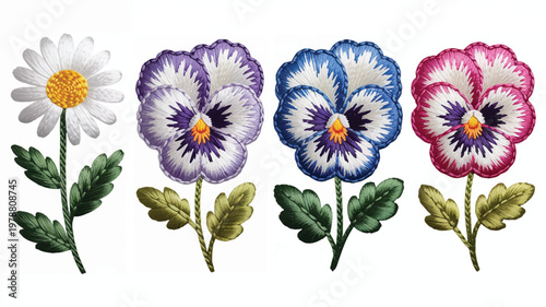 colorful flowers with green leaves on white background