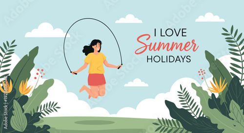 Happy young girl jumping with a skipping rope in a beautiful sunny field with tropical plants and flowers during summer.