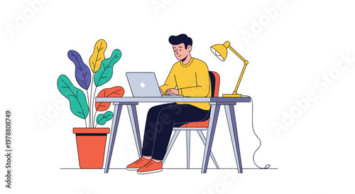 Focused male professional working on a laptop at a tidy desk with a colorful houseplant and a desk lamp in an office.