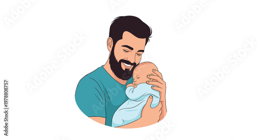 Loving young father with a beard gently holding his sleeping newborn baby in a tender and heartwarming moment at home.