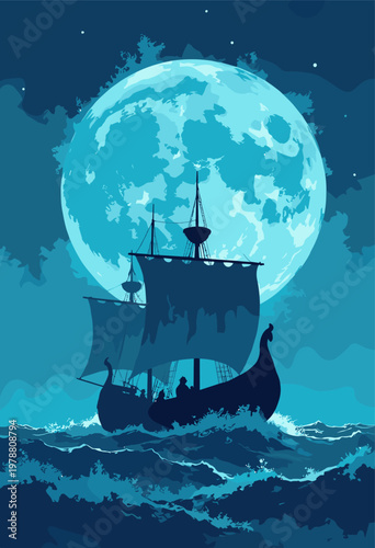 flat illustration Viking longship silhouetted against huge, glowing cyan blue moon stormy Nordic sea Dynamic waves Deep indigo silver palette Open composition custom copy No text