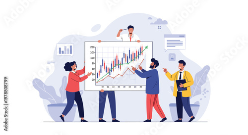 Collaborative team members analyze financial data and stock market trends on a large candlestick chart during a group business meeting.