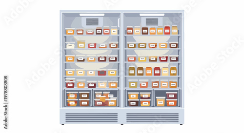 A stocked commercial refrigerator with various packaged food items on shelves emphasizing safety and food storage.