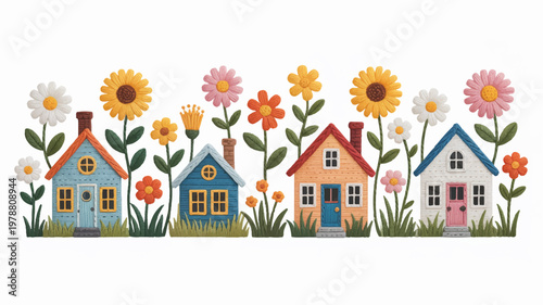 colorful houses with flowers in front  cartoon homes and garden