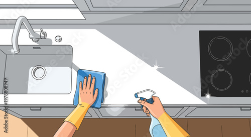 A person wearing yellow gloves cleaning a kitchen countertop with a blue cloth and spray bottle, focusing on food safety and cleanliness in a modern kitchen setting.