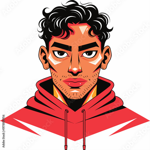 Confident young male with stylish hair and a serious expression adorned in a red hoodie.
