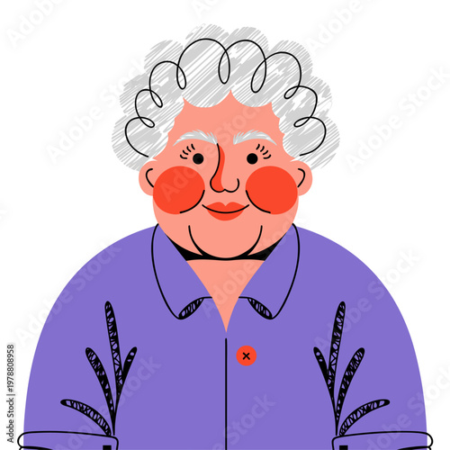 Friendly older woman with white hair and rosy cheeks illustrated in a welcoming style.