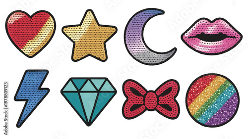 Colorful sequined patch badges with heart star moon lips lightning bolt diamond bow and rainbow isolated on white background