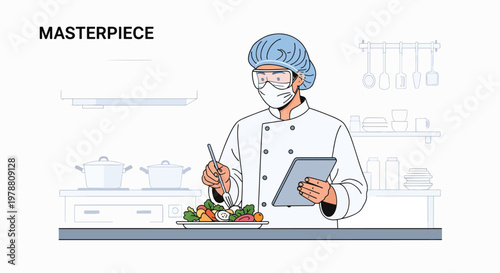 A chef in a white coat and hairnet prepares food while consulting a tablet in a commercial kitchen with a focus on food safety.