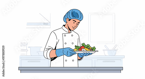 A chef in a kitchen holding a plate of salad with safety gloves on, emphasizing food preparation.