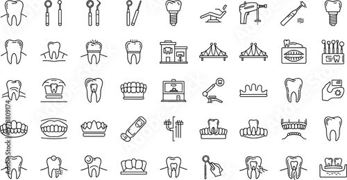 Dental Care and Equipment Icon Set Featuring Tooth, Implant, Braces, Tools, and Dental Procedures for Healthcare and Dentistry Designs