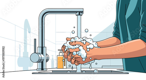 Illustration of a person washing hands with soap and water at a sink, emphasizing food safety and hygiene practices in a modern bathroom setting with a focus on cleanliness.