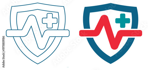 Healthcare shield icon set, medical protection symbols with vital signs, heart rate pulse elements, outline and solid styles, clean vector design