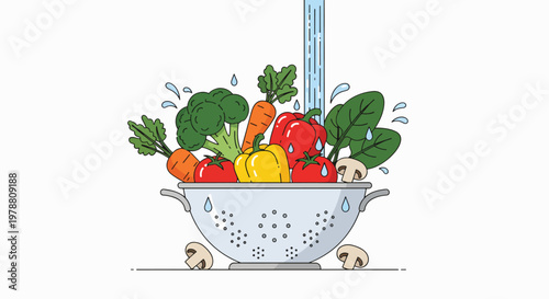 Colorful illustration of a colander with fresh vegetables being rinsed with water, emphasizing food safety in a clean and simple style.