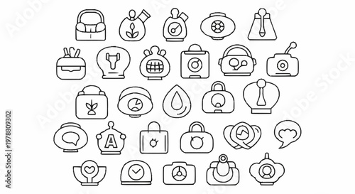 Collection of Hand Drawn Icons Representing Bags and Accessories.