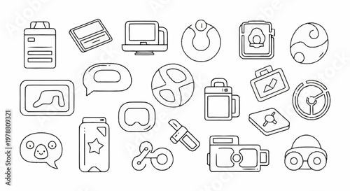 Collection of various icons and symbols in line art style.