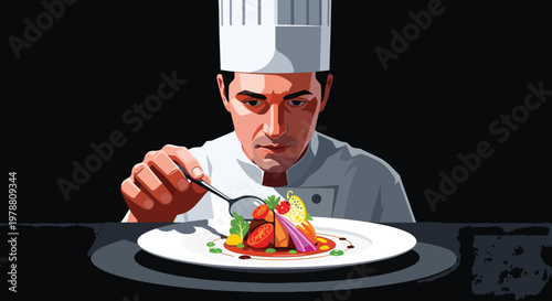 A chef in a white uniform and hat carefully examines a plate of colorful food with a utensil, emphasizing food safety in a dark background with a focus on culinary expertise.