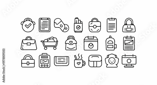 Collection of Hand Drawn Icons Representing Office Supplies and Daily Items.