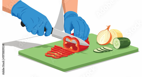 Hands wearing blue gloves cutting red bell pepper on green cutting board with zucchini and onion, emphasizing food safety.