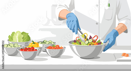 A chef in a white coat and blue gloves prepares a colorful salad with various vegetables in a clean kitchen setting emphasizing food safety.