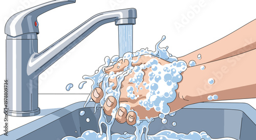 Illustration of hands washing under a running faucet with soap suds in a kitchen sink emphasizing food safety and hygiene practices.