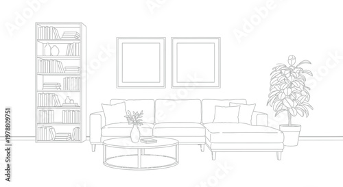A minimalist line drawing depicts a modern living room arrangement with furniture and plants