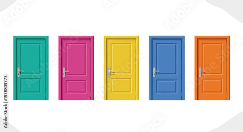 Five vibrant and colorful wooden doors are arranged in a neat row against a soft white gradient background presenting multiple paths and opportunities.