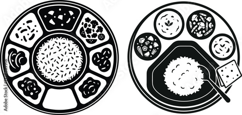 Two Indian Thali Meal Arrangements One Large and One Smaller with Rice Curries and Bread