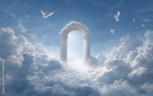 Heavenly gate with white doves flying through clouds and blue sky
