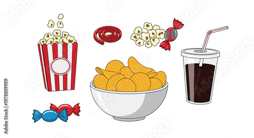 Classic cinema snacks including buttery popcorn, salty potato chips, a cold cola drink, and colorful candies are isolated on a pristine white background.