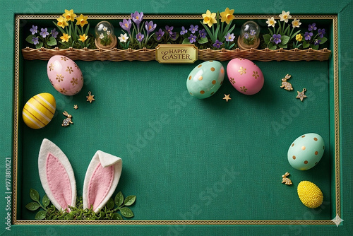 Easter eggs and bunny decorations in rustic wooden basket on green fabric background