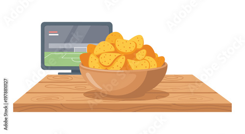 A large ceramic bowl filled with crunchy golden tortilla chips sits prominently on a rustic wooden table while a soccer match plays on the television.