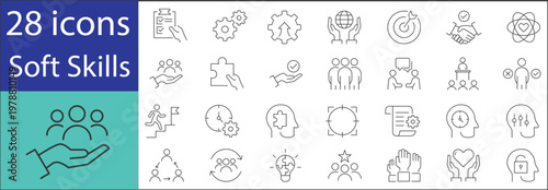 Soft skills icons set with communication, teamwork, leadership, problem solving, and emotional intelligence concepts in modern line style.